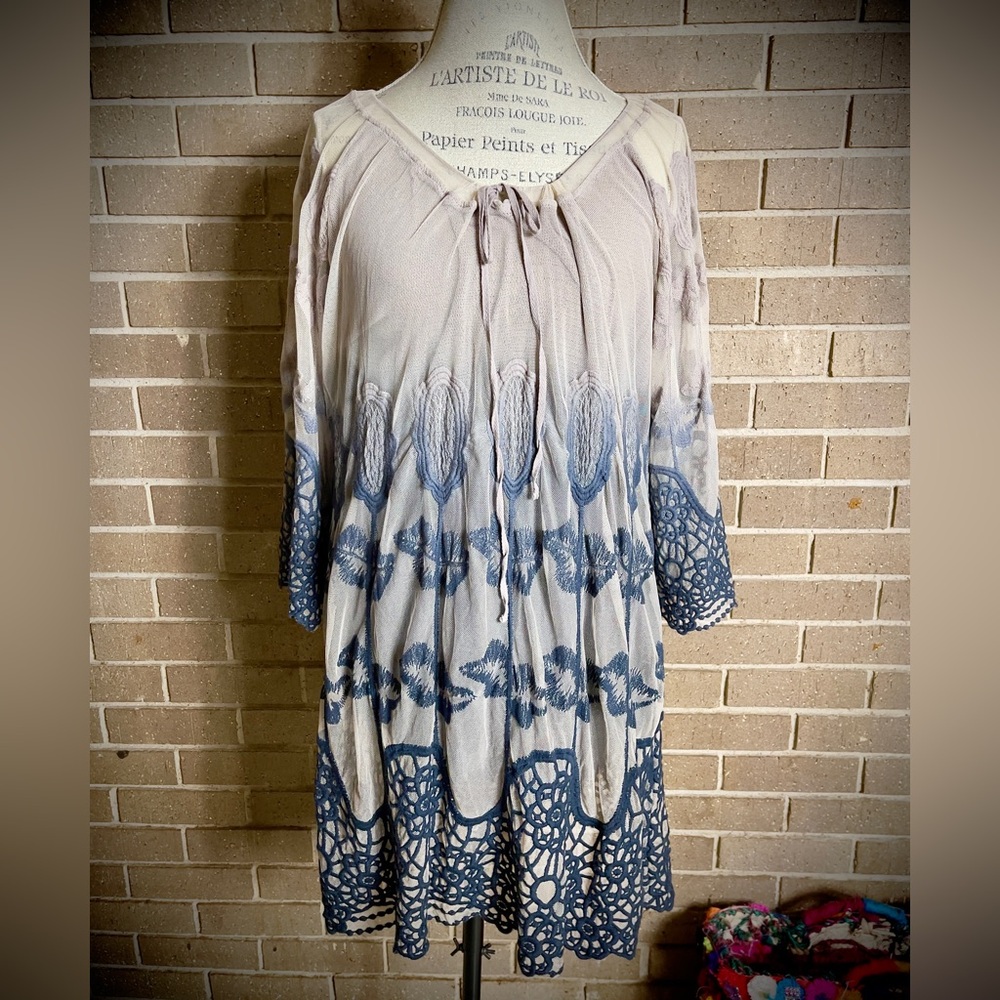 XCVI Blue and Beige Ombré Mesh Knit Tunic with Beautiful Embroidered Detail